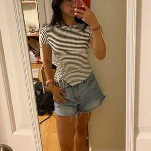 White and black striped shirt, ruched with ties